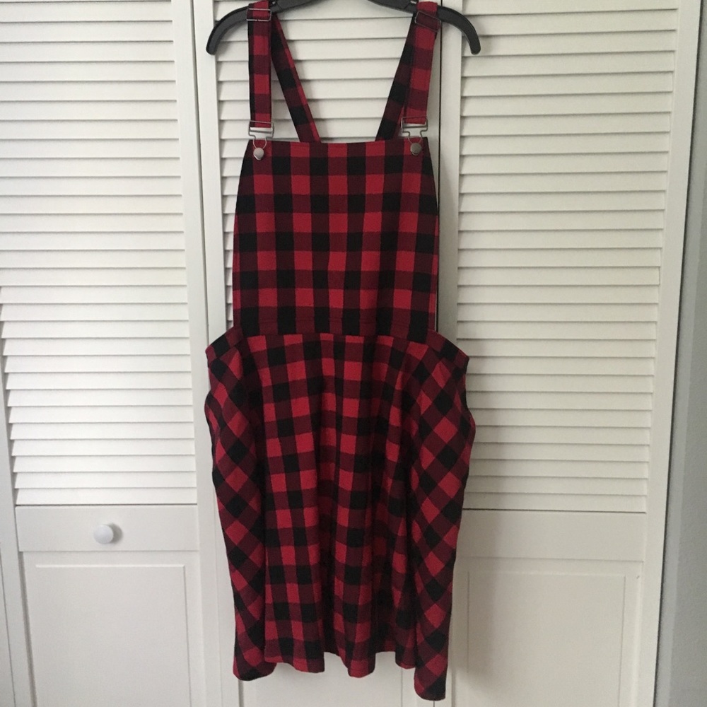 Red Plaid Overall Dress